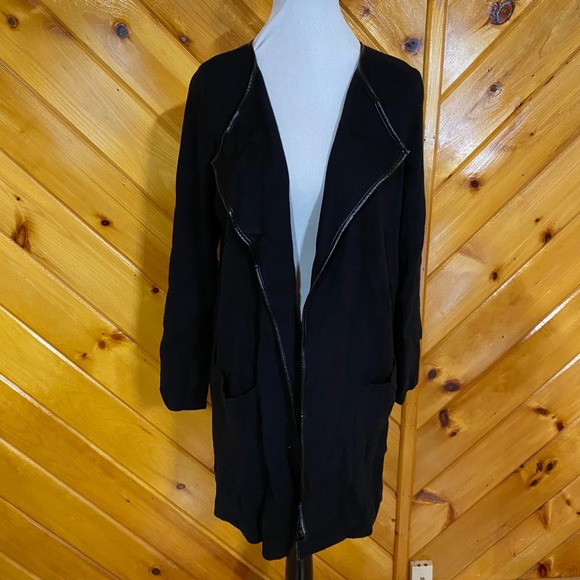 Ann Taylor Factory Sweaters - Ann Taylor Petite Black NWT Open Cardigan Sweater Faux Leather Trim Pockets L